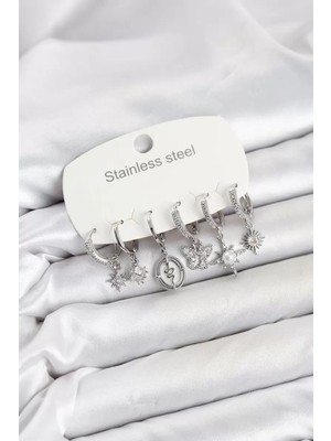 Uravas Store 316L Çelik Gümüş Renk Zirkon Taşlı Charm Detaylı Kadın Küpe Seti TJ-BKP11879