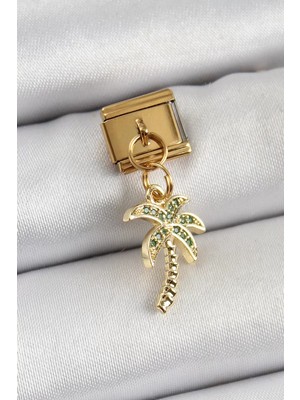 Uravas Store 316L Çelik Sallantılı Zirkon Taşlı Palmiye Ağacı Model Gold Renk Nomination Charm - TJ-BC1398