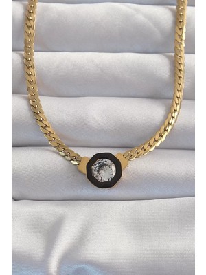 Uravas Store 316L Çelik Gold Renk Ezme Zincir Zirkon Taşlı Mineli Serenay Kolyesi - TJ-BKO8958