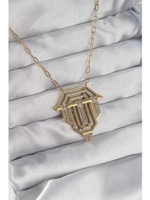 Uravas Store 316L Çelik Zincir Gold Renk Zirkon Taşlı Serenay Kolyesi - TJ-BKO8915