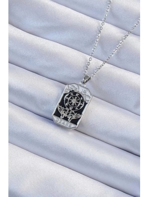 Uravas Store 316L Çelik Zincir Gümüş Renk Işlemeli Siyah Mineli Tarot Kolye - TJ-BKO9237