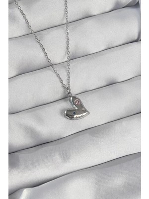 Uravas Store 316L Çelik Zincir Gümüş Renk Renkli Zirkon Taşlı Kalp Kolye - TJ-BKO8906