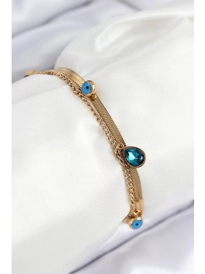Uravas Store 316L Çelik Nazar Boncuk Detaylı Mavi Zirkon Taşlı Model Italyan Zincir Gold Renk Kadın Bileklik - TJ-BB7828