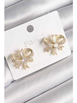 Uravas Store Pirinç Gold Renk Zirkon Taşlı Fiyonk Model Kadın Küpe - TJ-BKP9780