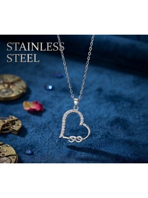 Stainless Steel 316L Çelik Zincir Gümüş Renk Sonsuzluk Detaylı Kalp Tasarım Kolye