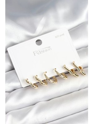 Uravas Store Pirinç Gold Renk Kalp Yıldız ve Halka Model 925 Ayar Gümüş Çivili Kadın Küpe Seti - TJ-BKP11262