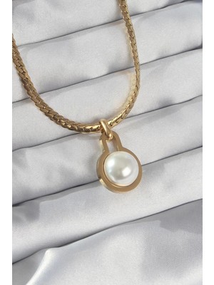 Uravas Store 316L Çelik Gold Renk Yassı Zincir Inci Taşlı Kolye - TJ-BKO8903