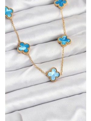 Uravas Store 316L Çelik Zincir Gold Buz Mavisi Renk Yonca Kolye - TJ-BKO10566