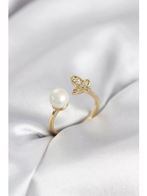 Uravas Store Kelebek Incili Model Gold Renk Zirkon Taşlı Kadın Yüzük - TJ-BYK4131