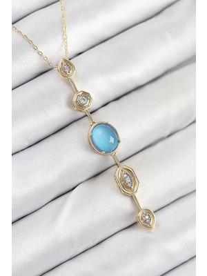 Uravas Store Pirinç Zincir Mavi Gold Renk Zirkon Taşlı Y Kolye - TJ-BKO10558
