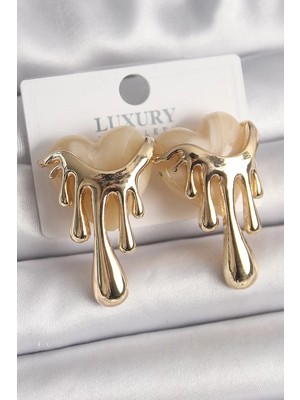 Uravas Store Pirinç Gold Renk Beyaz Sedefli Akan Kalp Model Kadın Küpe - TJ-BKP9893