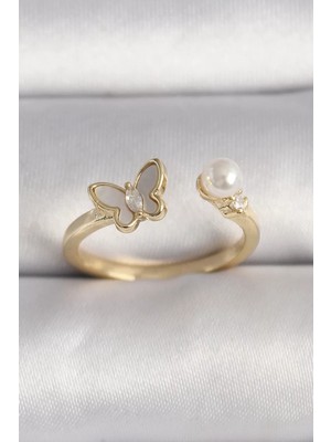 Uravas Store Pirinç Gold Renk Zirkon Taş Detaylı Beyaz Mineli Kelebek Model Inci Detay Ayarlanabilir Yüzük - TJ-BYK3523