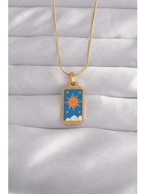 Uravas Store 316L Çelik Gold Renk Mavi Mineli Güneş Model Tarot Kolye - TJ-BKO9026