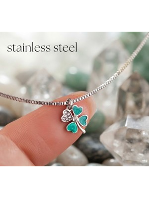 Stainless Steel 316L Çelik Zincir Gümüş Renk Yeşil Zirkon Taşlı Şans Kolyesi