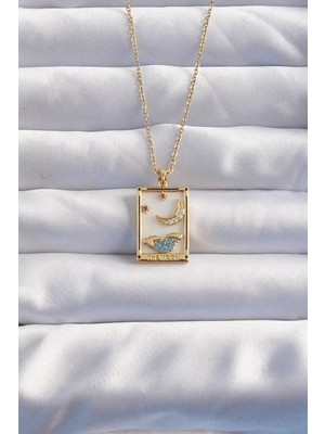 Uravas Store 316L Çelik Zincir Gold Renk Ay Detay Mavi Zirkon Taşlı Tarot Kolye - TJ-BKO8980