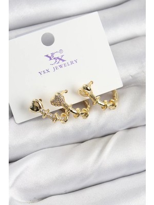 Uravas Store Pirinç Zirkon Taşlı Kalp Model Gold Renk 3'lü Kadın Küpe - TJ-BKP10947