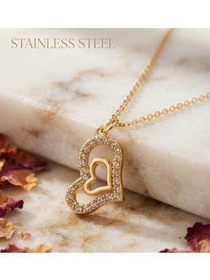 Stainless Steel 316L Çelik Zincir Gold Renk Iç Içe Geçmiş Kalp Tasarım Kararmaz Zirkon Taşlı Kolye