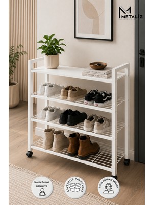 Metaliz Loft 4 Katlı Siyah  Metal Ayakkabılık, Beyaz Ahşap Mdf Tablalı,  Çok Amaçlı Ayakkabı Düzenleyici, 77X30X70 cm