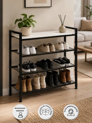 Metaliz Loft 4 Katlı Siyah  Metal Ayakkabılık, Beyaz Ahşap Mdf Tablalı,  Çok Amaçlı Ayakkabı Düzenleyici, 77X30X70 cm