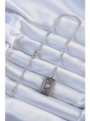 Uravas Store Mey Ithalat® 316L Çelik Zincir Eskitme Gümüş Renk Pembe Mineli Kalp Figürlü Tarot Kolye