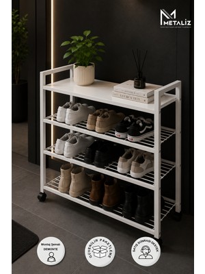 Metaliz Loft 4 Katlı Siyah Tekerli Metal Ayakkabılık, Beyaz Ahşap Mdf Tablalı, Tekerlekli Çok Amaçlı Ayakkabı Düzenleyici, 77X30X70 cm
