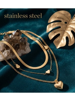 Stainless Steel Gold Renk Üç Zincirli Kalp Model Çelik Kolye