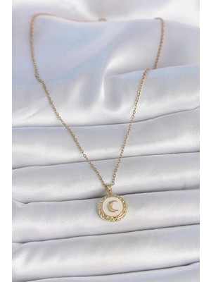 Uravas Store Mey Ithalat® 316L Çelik Gold Renk Zincir Beyaz Mineli Hilal Işlemeli Madalyon Model Kadın Kolye