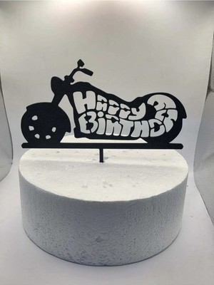 Liya3D Happy Birthday Motorsiklet Cake Topper – Siyah Pasta Süsü, Doğum Günü Pasta Dekoru
