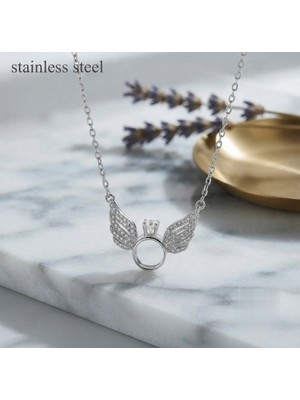 Stainless Steel 316L Çelik Zincir Gold Renk Parlak Taşlı Tektaş Melek Kanatlı Titanyum Çelik Kolye