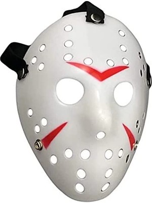 Uravas Store Mey Ithalat® Beyaz Renk Kırmızı Çizgili Tam Yüz Hokey Jason Maskesi Hannibal Maskesi