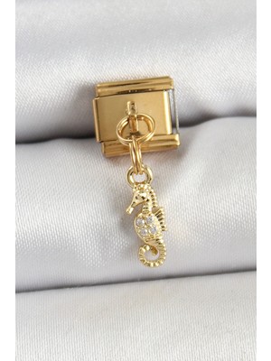 Uravas Store 316L Çelik Sallantılı Zirkon Taşlı Deniz Atı Model Gold Renk Nomination Charm