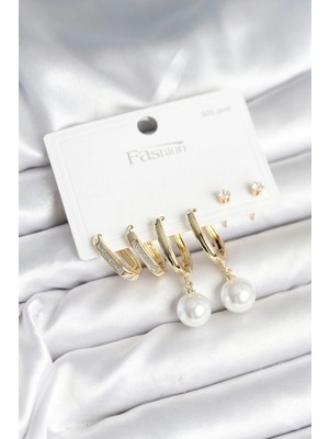 Uravas Store Pirinç Gold Renk Inci Detaylı 925 Ayar Gümüş Çivili Kadın Küpe Seti