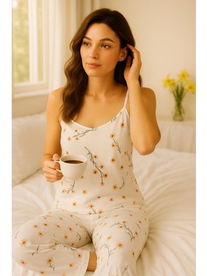 Marsilyan Kadın Beyaz Ip Askılı Çiçek Desenli Pijama TAKIMI-(17952)