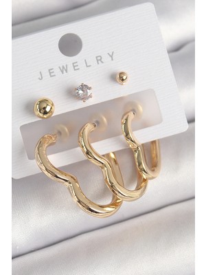 Uravas Store Pirinç Gold Renk Kalp Model Zirkon Taşlı Topçuk Detay Kadın Küpe Seti