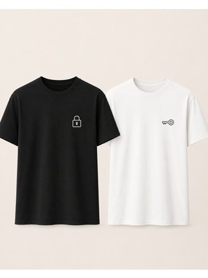 Lumora Store %100 Pamuk Anahtar Kilit Kadın Erkek Sevgili Çift Tişörtü 2’li Set Siyah Beyaz