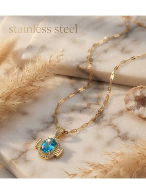 Stainless Steel 316L Çelik Zincir Gold Renk Büyük Mavi Taşlı Kolye