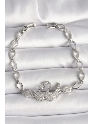 Uravas Store Pirinç Gümüş Renk Zirkon Taşlı Kuğu Figür Damla Zincir Model Kadın Bileklik