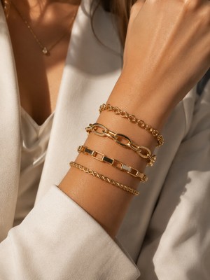 Adata Jewelry Çelik 4lü Kadın Erkek Bosslady Kombin Bileklik Seti / Kalın Oval Zincir / Kare Zincir / Burcu Zincir / Gold /. Gümüş Renk / Uzatma Zincirli