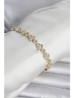 Uravas Store Pirinç Gold Renk Zirkon Taşlı Kalp Model Kadın Bileklik