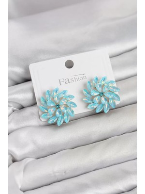 Uravas Store Buz Mavisi Renk Kristal Taşlı Çiçek Model Kadın Küpe TJ-BKP11918