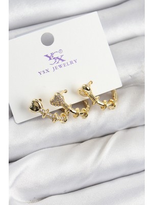 Uravas Store Pirinç Zirkon Taşlı Kalp Model Gold Renk 3'lü Kadın Küpe