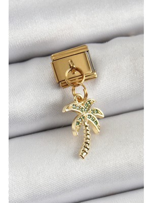 Uravas Store 316L Çelik Sallantılı Zirkon Taşlı Palmiye Ağacı Model Gold Renk Nomination Charm