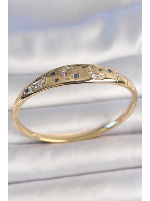 Uravas Store Pirinç Gold Renk Zirkon Taşlı Hilal Işleme Mavi Taşlı Yıldız Detay Kadın Kelepçe