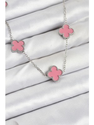 Uravas Store 316L Çelik Zincir Gümüş Pembe Renk Yonca Kadın Kolye