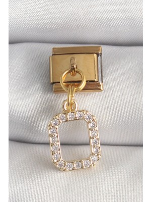Uravas Store 316L Çelik Gold Renk Sallantı Kare Zirkon Taşlı Nomination Charm