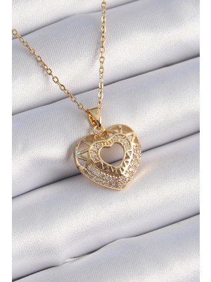 Uravas Store 316L Çelik Gold Renk Zirkon Taşlı Kalp Model Vintage Kadın Kolye