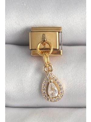 Uravas Store 316L Çelik Gold Renk Sallantı Damla Zirkon Taşlı Nomination Charm