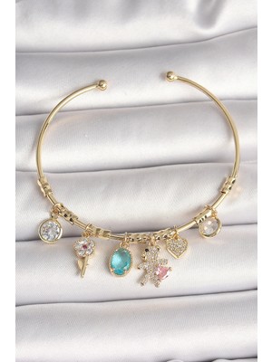 Uravas Store Pirinç Gold Renk Sallantı Zirkon Taşlı Ayıcık Figür Kalp Detay Charm Kadın Bileklik