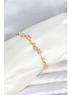 Uravas Store Pirinç Gold Renk Pembe Zirkon Taşlı Çiçek Model Kadın Bileklik