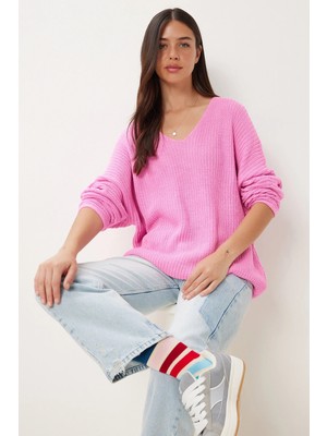 TeknoKapsül Happiness Istanbul Kadın Pembe V Yaka Selanik Örgü Oversize Triko Kazak ZA00059